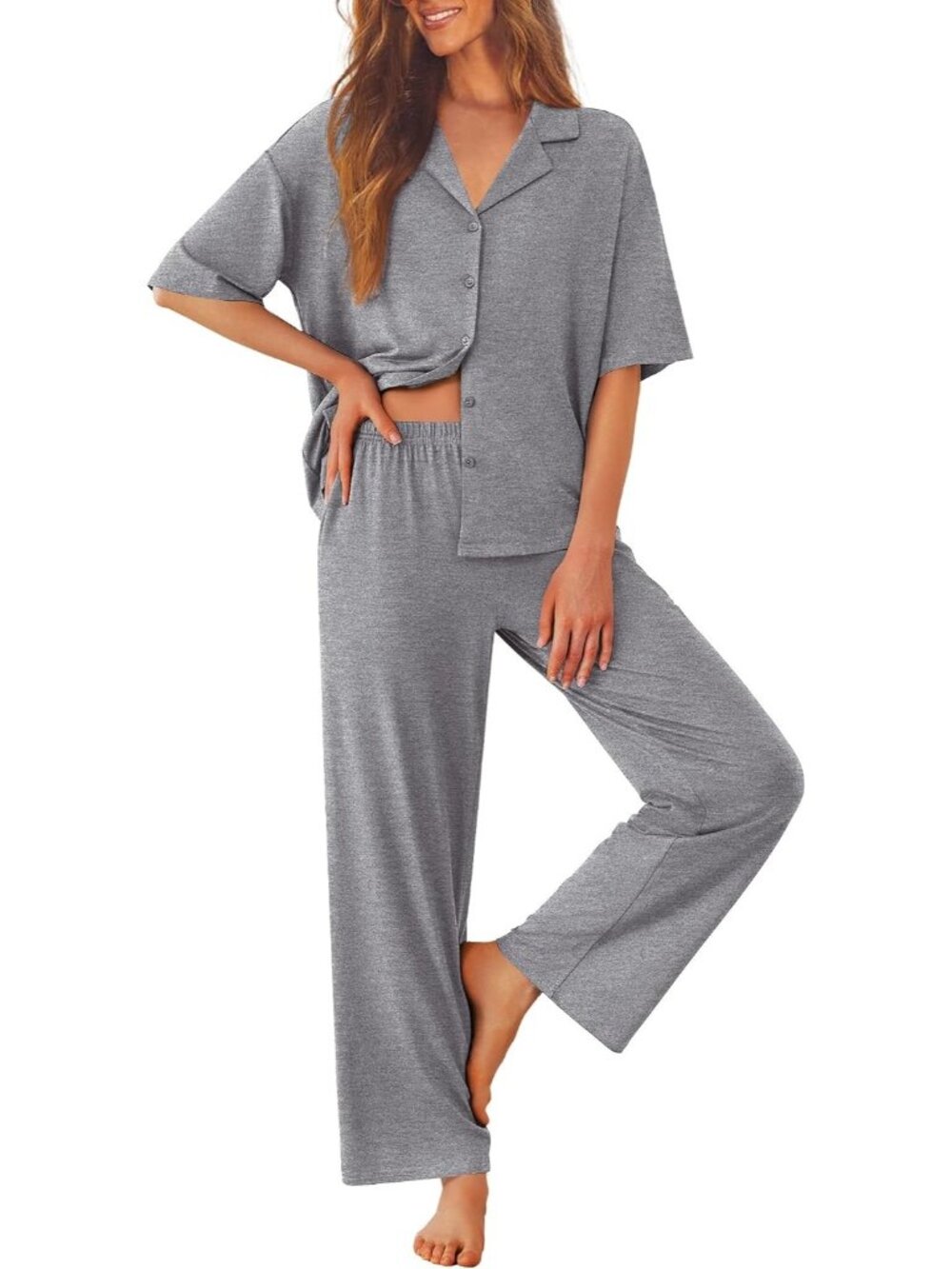 Women Dark Grey Notch Lapel Short Sleeve Shirt Sleepwear with Long Pajamas Set